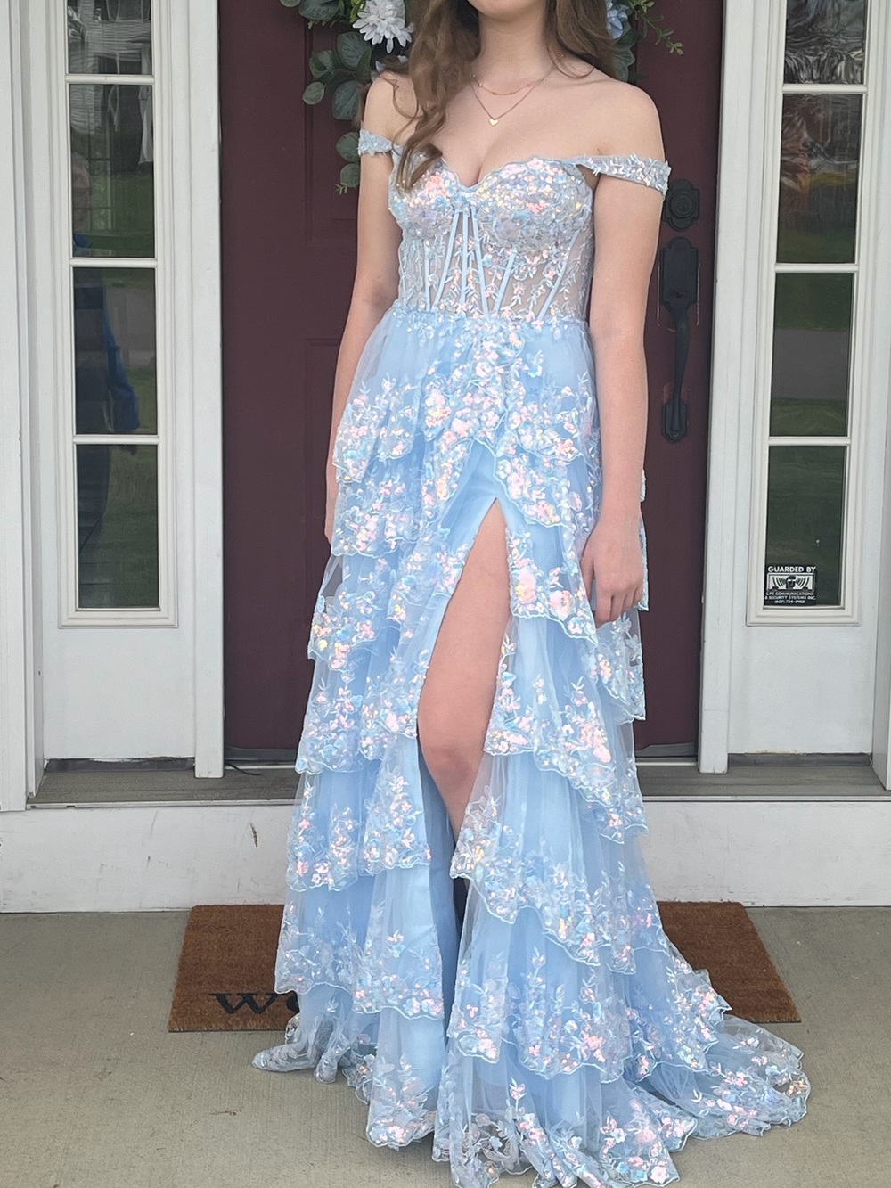 Off-the-Shoulder Light Blue Floral Ruffle Prom Gown with High Slit